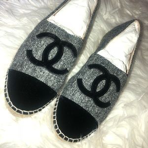 CHANEL black/grey tweed suede Espadrilles